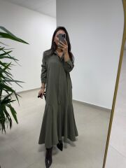 Dr 8545 Haki Etek Volanlı Gömlek Elbise