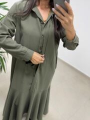Dr 8545 Haki Etek Volanlı Gömlek Elbise