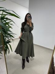 Dr 8545 Haki Etek Volanlı Gömlek Elbise