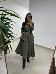 Dr 8545 Haki Etek Volanlı Gömlek Elbise