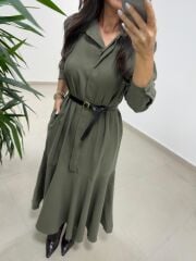 Dr 8545 Haki Etek Volanlı Gömlek Elbise