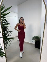 Dv 90139 Askılı Bordo Fitilli Midi Elbise