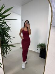 Dv 90139 Askılı Bordo Fitilli Midi Elbise