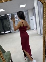 Dv 90139 Askılı Bordo Fitilli Midi Elbise