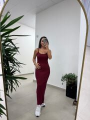 Dv 90139 Askılı Bordo Fitilli Midi Elbise