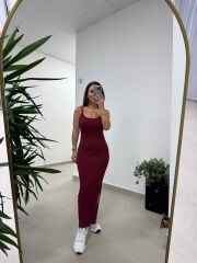Dv 90139 Askılı Bordo Fitilli Midi Elbise