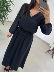 Ms 246 Bel Lastikli Tensel Siyah Elbise