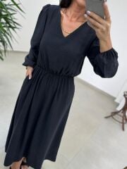 Ms 246 Bel Lastikli Tensel Siyah Elbise