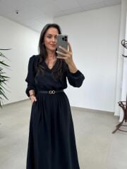 Ms 246 Bel Lastikli Tensel Siyah Elbise