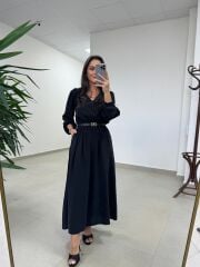 Ms 246 Bel Lastikli Tensel Siyah Elbise