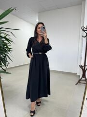 Ms 246 Bel Lastikli Tensel Siyah Elbise