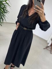 Ms 246 Bel Lastikli Tensel Siyah Elbise