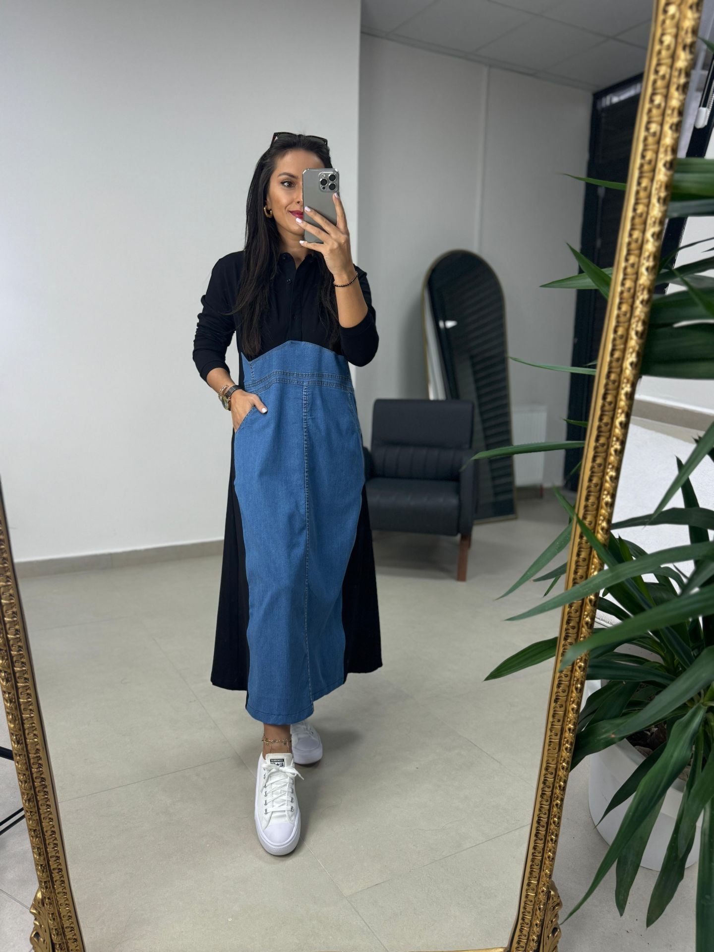 Dr 8132 Siyah Jean Detaylı Gömlek Elbise