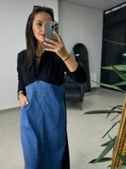 Dr 8132 Siyah Jean Detaylı Gömlek Elbise