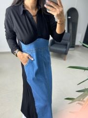 Dr 8132 Siyah Jean Detaylı Gömlek Elbise