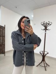 Po 2703 Gümüş Düğme ve Fermuar Detaylı Antrasit Hırka