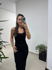 Dv 90139 Askılı Siyah Midi Fitilli Elbise