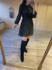 Siyah puantiyeli astarlı şifon elbise