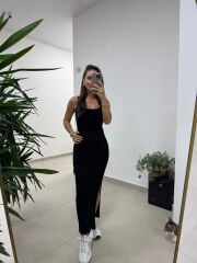 Dv 90139 Askılı Siyah Midi Fitilli Elbise
