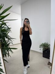 Dv 90139 Askılı Siyah Midi Fitilli Elbise