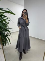 Dr 8545 Duman Etek Volanlı Gömlek Elbise