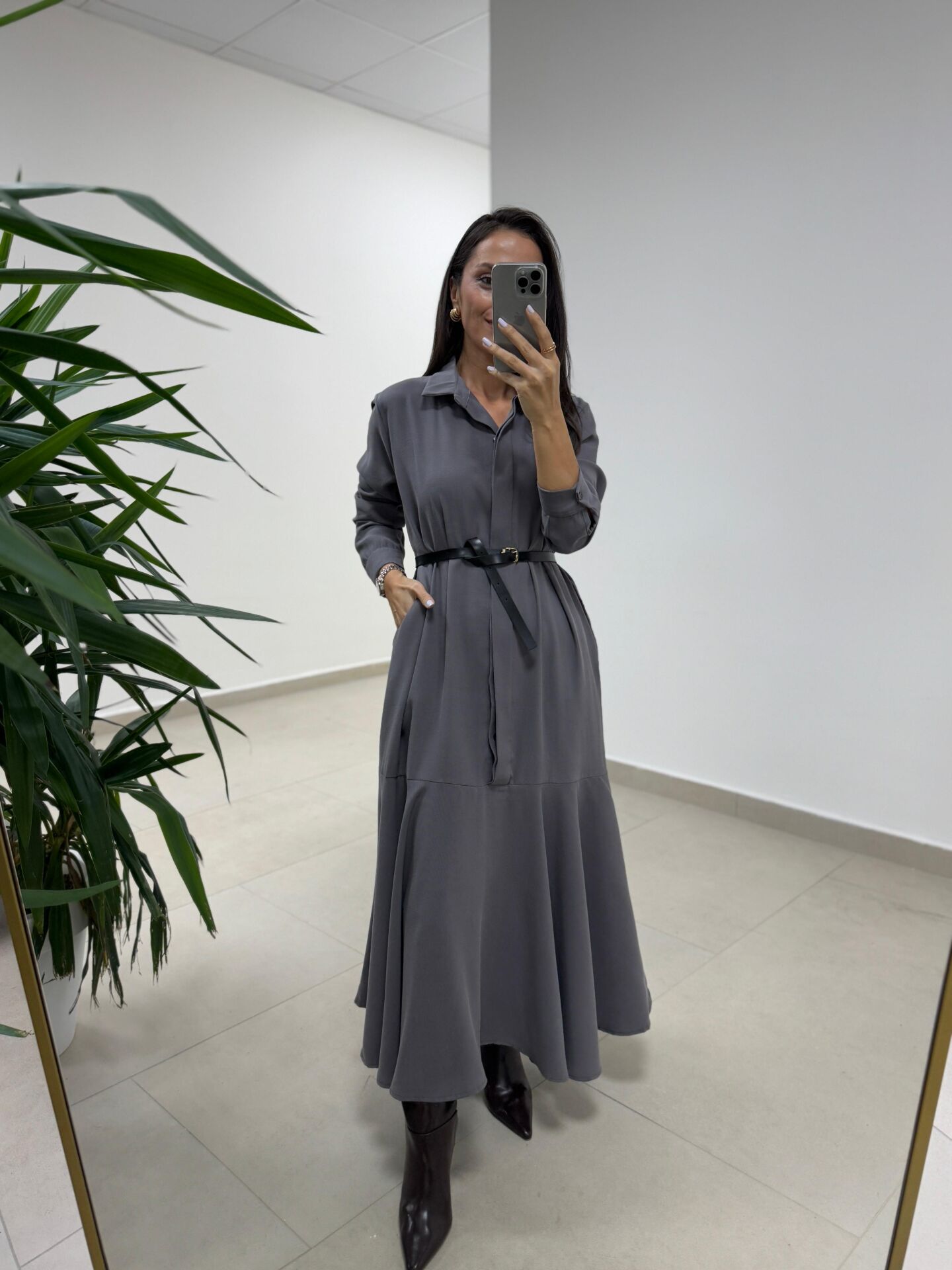 Dr 8545 Duman Etek Volanlı Gömlek Elbise