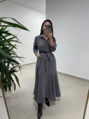 Dr 8545 Duman Etek Volanlı Gömlek Elbise