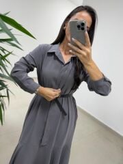 Dr 8545 Duman Etek Volanlı Gömlek Elbise