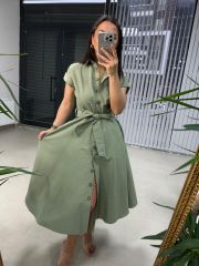 Ms Tensel Haki Düğmeli Gömlek Elbise