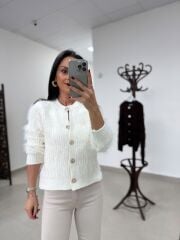 Po 2568 Premium Gold Düğmeli Ekru Yumoş Hırka