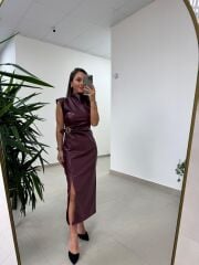 Ny 3042 Bordo Omuz Vatkalı Drapeli Deri Elbise