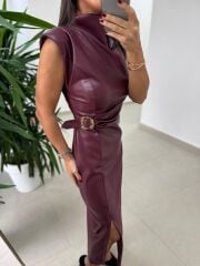 Ny 3042 Bordo Omuz Vatkalı Drapeli Deri Elbise