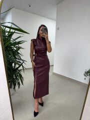 Ny 3042 Bordo Omuz Vatkalı Drapeli Deri Elbise