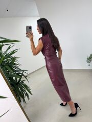 Ny 3042 Bordo Omuz Vatkalı Drapeli Deri Elbise