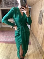 Green midi crep dress with slit detail