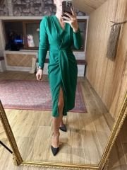 Green midi crep dress with slit detail