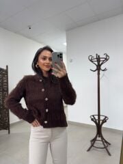 Po 2568 Premium Gold Düğmeli Kahve Yumoş Hırka