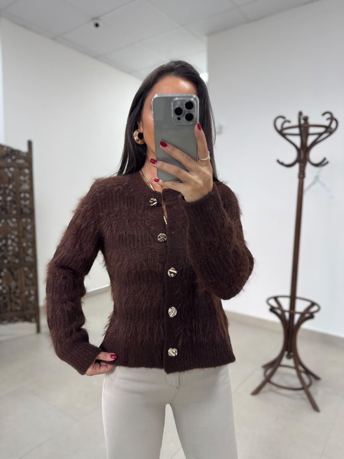 Po 2568 Premium Gold Düğmeli Kahve Yumoş Hırka
