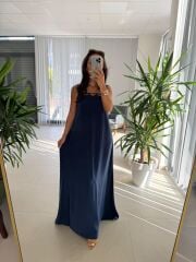 Cr 1074 İndigo Çapraz Askılı Maksiboy Tensel Elbise