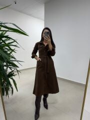 Spt 3246 Uzun Kol Kahve Denim Elbise