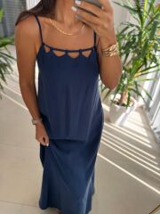 Cr 1074 İndigo Çapraz Askılı Maksiboy Tensel Elbise