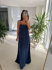Cr 1074 İndigo Çapraz Askılı Maksiboy Tensel Elbise