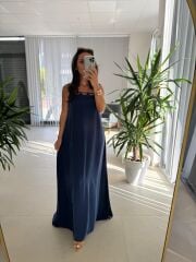 Cr 1074 İndigo Çapraz Askılı Maksiboy Tensel Elbise