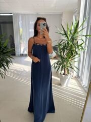 Cr 1074 İndigo Çapraz Askılı Maksiboy Tensel Elbise