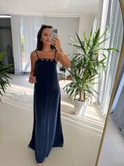 Cr 1074 İndigo Çapraz Askılı Maksiboy Tensel Elbise