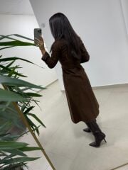 Spt 3246 Uzun Kol Kahve Denim Elbise