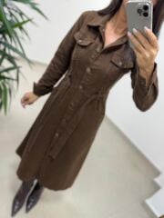 Spt 3246 Uzun Kol Kahve Denim Elbise