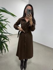 Spt 3246 Uzun Kol Kahve Denim Elbise