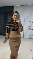 Kahve Siyah Çizgili Triko Takım