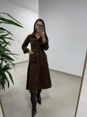 Spt 3246 Uzun Kol Kahve Denim Elbise